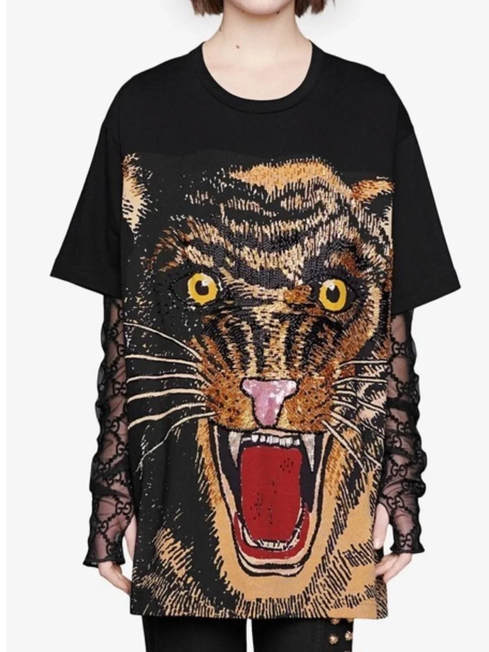 Gucci Black Tee with Large Beaded Tiger Face Graphic